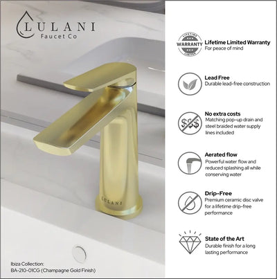 Open Box - Ibiza 1 Handle Single Hole Bathroom Faucet with Drain Assembly in Champagne Gold finish Open Box - Ibiza 1 Handle Single Hole Bathroom Faucet with Drain Assembly in Champagne Gold finish