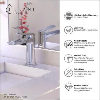 Open Box - Ibiza 1 Handle Single Hole Bathroom Faucet with Drain Assembly in Chrome finish Open Box - Ibiza 1 Handle Single Hole Bathroom Faucet with Drain Assembly in Chrome finish