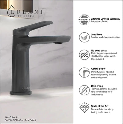 Open Box - Ibiza 1 Handle Single Hole Bathroom Faucet with Drain Assembly in Gun Metal finish Open Box - Ibiza 1 Handle Single Hole Bathroom Faucet with Drain Assembly in Gun Metal finish