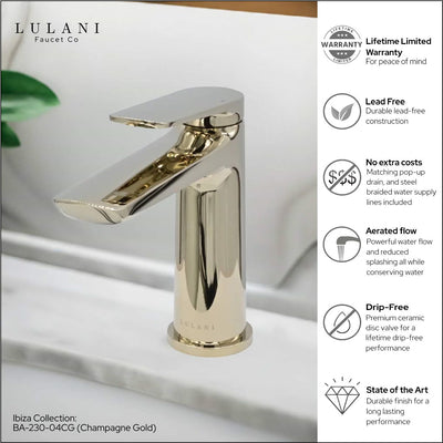 Ibiza 1 handle single hole Bathroom Faucet with drain assembly in Polished Champagne Gold finish Ibiza 1 handle single hole Bathroom Faucet with drain assembly in Polished Champagne Gold finish