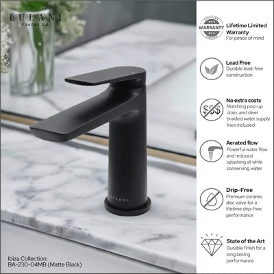 Ibiza 1 handle single hole Bathroom Faucet with drain assembly in Matte Black finish Ibiza 1 handle single hole Bathroom Faucet with drain assembly in Matte Black finish