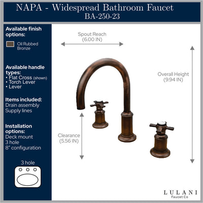 Napa 2 Handle 3 Hole Widespread Brass Bathroom Faucet with Flat Cross Handles in Oil Rubbed Bronze Flat Cross Handles finish Napa 2 Handle 3 Hole Widespread Brass Bathroom Faucet with Flat Cross Handles in Oil Rubbed Bronze Flat Cross Handles finish