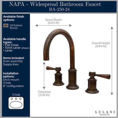 Napa 2 Handle 3 Hole Widespread Brass Bathroom Faucet with Flat Cross Handles in Oil Rubbed Bronze Torch Lever Handles finish Napa 2 Handle 3 Hole Widespread Brass Bathroom Faucet with Flat Cross Handles in Oil Rubbed Bronze Torch Lever Handles finish
