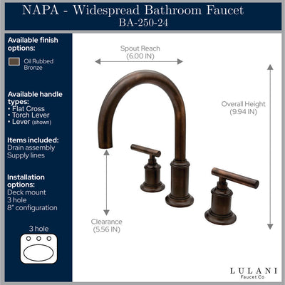 Napa 2 Handle 3 Hole Widespread Brass Bathroom Faucet with Flat Cross Handles in Oil Rubbed Bronze Lever Handles finish Napa 2 Handle 3 Hole Widespread Brass Bathroom Faucet with Flat Cross Handles in Oil Rubbed Bronze Lever Handles finish