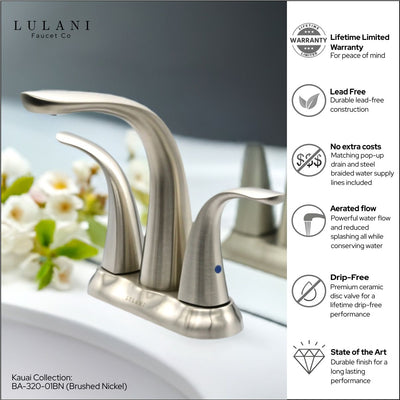 Kauai 2 Handle Centerset Brass Bathroom Faucet with drain assembly in Brushed Nickel finish Kauai 2 Handle Centerset Brass Bathroom Faucet with drain assembly in Brushed Nickel finish
