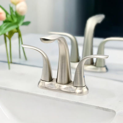 Kauai 2 Handle Centerset Brass Bathroom Faucet with drain assembly in Brushed Nickel finish Kauai 2 Handle Centerset Brass Bathroom Faucet with drain assembly in Brushed Nickel finish
