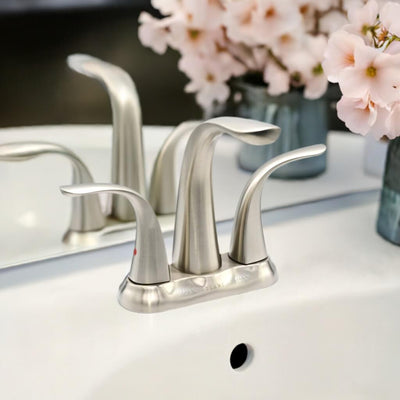 Kauai 2 Handle Centerset Brass Bathroom Faucet with drain assembly in Brushed Nickel finish Kauai 2 Handle Centerset Brass Bathroom Faucet with drain assembly in Brushed Nickel finish