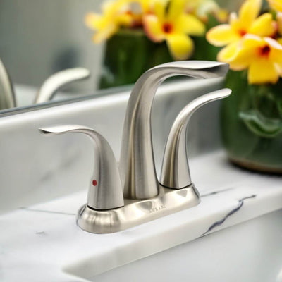 Kauai 2 Handle Centerset Brass Bathroom Faucet with drain assembly in Brushed Nickel finish Kauai 2 Handle Centerset Brass Bathroom Faucet with drain assembly in Brushed Nickel finish