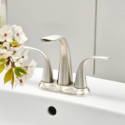 Kauai 2 Handle Centerset Brass Bathroom Faucet with drain assembly in Brushed Nickel finish Kauai 2 Handle Centerset Brass Bathroom Faucet with drain assembly in Brushed Nickel finish