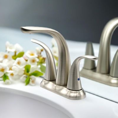 Kauai 2 Handle Centerset Brass Bathroom Faucet with drain assembly in Brushed Nickel finish Kauai 2 Handle Centerset Brass Bathroom Faucet with drain assembly in Brushed Nickel finish