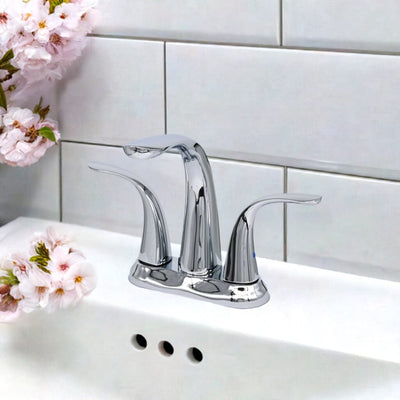 Kauai 2 Handle Centerset Brass Bathroom Faucet with drain assembly in Chrome finish Kauai 2 Handle Centerset Brass Bathroom Faucet with drain assembly in Chrome finish