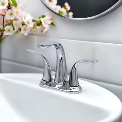Kauai 2 Handle Centerset Brass Bathroom Faucet with drain assembly in Chrome finish Kauai 2 Handle Centerset Brass Bathroom Faucet with drain assembly in Chrome finish