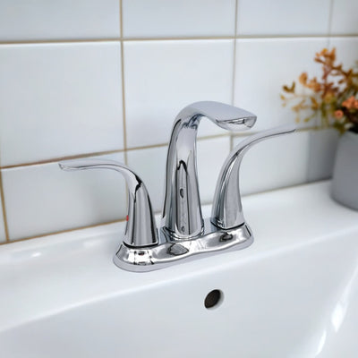 Kauai 2 Handle Centerset Brass Bathroom Faucet with drain assembly in Chrome finish Kauai 2 Handle Centerset Brass Bathroom Faucet with drain assembly in Chrome finish