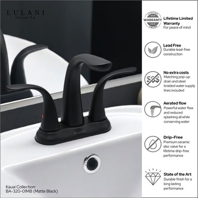 Kauai 2 Handle Centerset Brass Bathroom Faucet with drain assembly in Matte Black finish Kauai 2 Handle Centerset Brass Bathroom Faucet with drain assembly in Matte Black finish