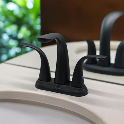 Kauai 2 Handle Centerset Brass Bathroom Faucet with drain assembly in Matte Black finish Kauai 2 Handle Centerset Brass Bathroom Faucet with drain assembly in Matte Black finish