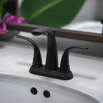 Kauai 2 Handle Centerset Brass Bathroom Faucet with drain assembly in Matte Black finish Kauai 2 Handle Centerset Brass Bathroom Faucet with drain assembly in Matte Black finish