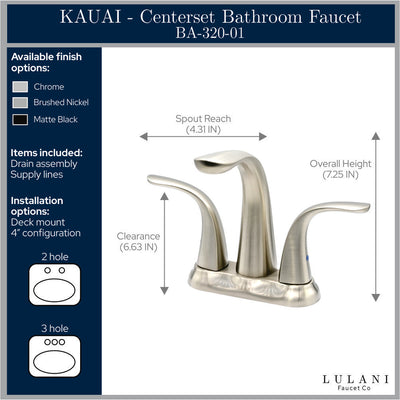 Kauai 2 Handle Centerset Brass Bathroom Faucet with drain assembly in All finish Kauai 2 Handle Centerset Brass Bathroom Faucet with drain assembly in All finish
