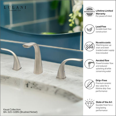 Kauai 2 Handle Widespread Brass Bathroom Faucet with Drain Assembly in Brushed Nickel finish Kauai 2 Handle Widespread Brass Bathroom Faucet with Drain Assembly in Brushed Nickel finish
