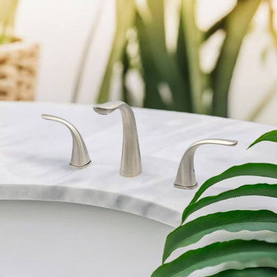 Kauai 2 Handle Widespread Brass Bathroom Faucet with Drain Assembly in Brushed Nickel finish Kauai 2 Handle Widespread Brass Bathroom Faucet with Drain Assembly in Brushed Nickel finish