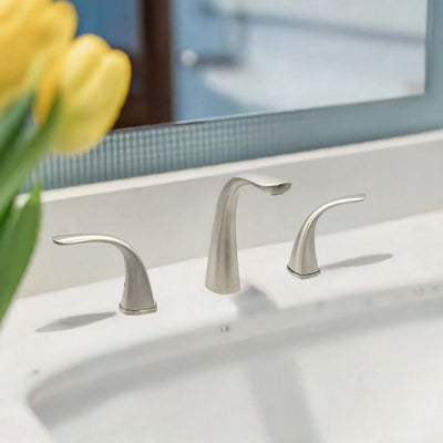 Kauai 2 Handle Widespread Brass Bathroom Faucet with Drain Assembly in Brushed Nickel finish Kauai 2 Handle Widespread Brass Bathroom Faucet with Drain Assembly in Brushed Nickel finish