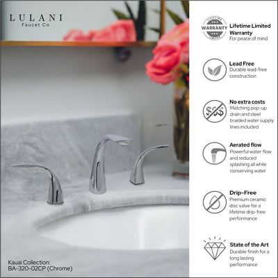Kauai 2 Handle Widespread Brass Bathroom Faucet with Drain Assembly in Chrome finish Kauai 2 Handle Widespread Brass Bathroom Faucet with Drain Assembly in Chrome finish