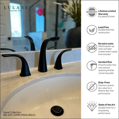 Kauai 2 Handle Widespread Brass Bathroom Faucet with Drain Assembly in Matte Black finish Kauai 2 Handle Widespread Brass Bathroom Faucet with Drain Assembly in Matte Black finish