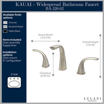 Kauai 2 Handle Widespread Brass Bathroom Faucet with Drain Assembly in All finish