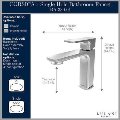 Corsica 1 Handle Single Hole Brass Bathroom Faucet with drain assembly in All finish Corsica 1 Handle Single Hole Brass Bathroom Faucet with drain assembly in All finish