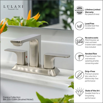 Corsica 2 Handle Centerset Brass Bathroom Faucet with drain assembly in Brushed Nickel finish Corsica 2 Handle Centerset Brass Bathroom Faucet with drain assembly in Brushed Nickel finish