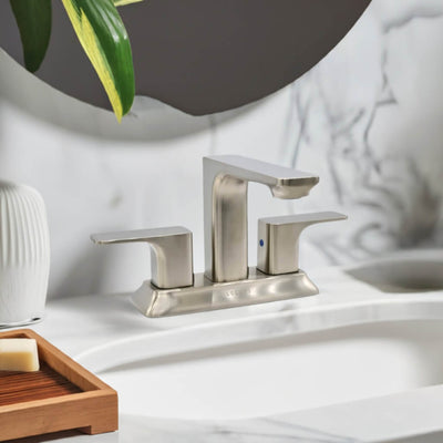 Corsica 2 Handle Centerset Brass Bathroom Faucet with drain assembly in Brushed Nickel finish Corsica 2 Handle Centerset Brass Bathroom Faucet with drain assembly in Brushed Nickel finish