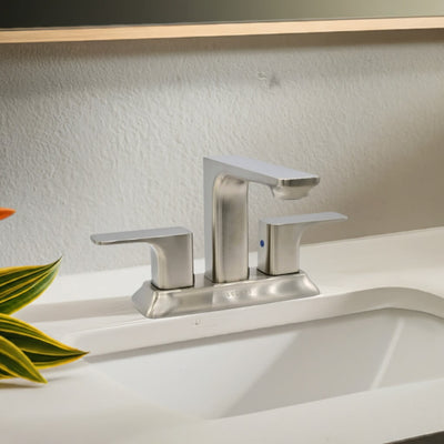 Corsica 2 Handle Centerset Brass Bathroom Faucet with drain assembly in Brushed Nickel finish Corsica 2 Handle Centerset Brass Bathroom Faucet with drain assembly in Brushed Nickel finish