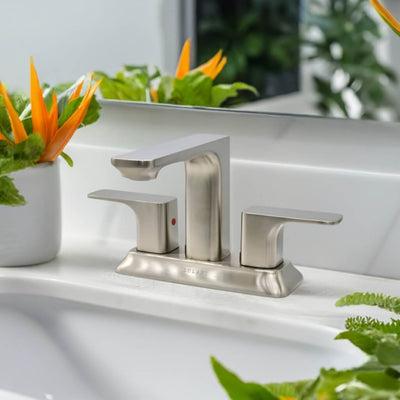 Corsica 2 Handle Centerset Brass Bathroom Faucet with drain assembly in Brushed Nickel finish Corsica 2 Handle Centerset Brass Bathroom Faucet with drain assembly in Brushed Nickel finish