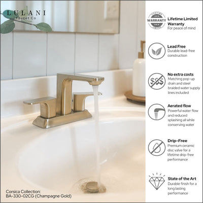 Corsica 2 Handle Centerset Brass Bathroom Faucet with drain assembly in Champagne Gold finish Corsica 2 Handle Centerset Brass Bathroom Faucet with drain assembly in Champagne Gold finish