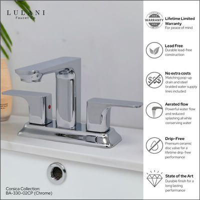 Corsica 2 Handle Centerset Brass Bathroom Faucet with drain assembly in Chrome finish Corsica 2 Handle Centerset Brass Bathroom Faucet with drain assembly in Chrome finish