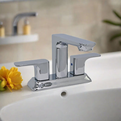 Corsica 2 Handle Centerset Brass Bathroom Faucet with drain assembly in Chrome finish Corsica 2 Handle Centerset Brass Bathroom Faucet with drain assembly in Chrome finish