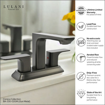 Corsica 2 Handle Centerset Brass Bathroom Faucet with drain assembly in Gun Metal finish Corsica 2 Handle Centerset Brass Bathroom Faucet with drain assembly in Gun Metal finish