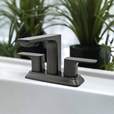 Corsica 2 Handle Centerset Brass Bathroom Faucet with drain assembly in Gun Metal finish Corsica 2 Handle Centerset Brass Bathroom Faucet with drain assembly in Gun Metal finish