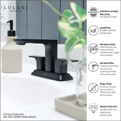 Corsica 2 Handle Centerset Brass Bathroom Faucet with drain assembly in Matte Black finish Corsica 2 Handle Centerset Brass Bathroom Faucet with drain assembly in Matte Black finish
