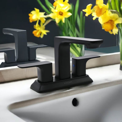 Corsica 2 Handle Centerset Brass Bathroom Faucet with drain assembly in Matte Black finish Corsica 2 Handle Centerset Brass Bathroom Faucet with drain assembly in Matte Black finish