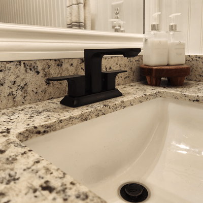 Open Box - Corsica, Centerset Bathroom Faucet with Drain Assembly in Matte Black finish Open Box - Corsica, Centerset Bathroom Faucet with Drain Assembly in Matte Black finish