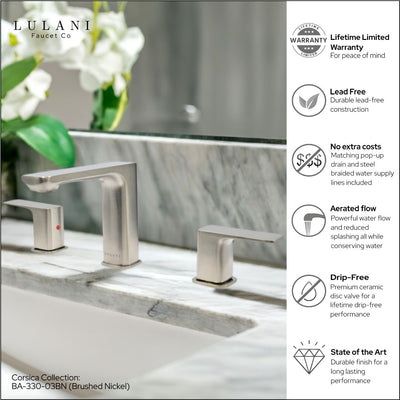 Corsica 2 Handle Widespread Brass Bathroom Faucet with drain assembly in Brushed Nickel finish Corsica 2 Handle Widespread Brass Bathroom Faucet with drain assembly in Brushed Nickel finish