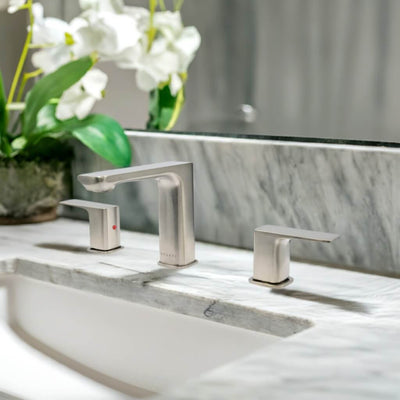 Corsica 2 Handle Widespread Brass Bathroom Faucet with drain assembly in Brushed Nickel finish Corsica 2 Handle Widespread Brass Bathroom Faucet with drain assembly in Brushed Nickel finish