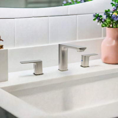 Corsica 2 Handle Widespread Brass Bathroom Faucet with drain assembly in Brushed Nickel finish Corsica 2 Handle Widespread Brass Bathroom Faucet with drain assembly in Brushed Nickel finish