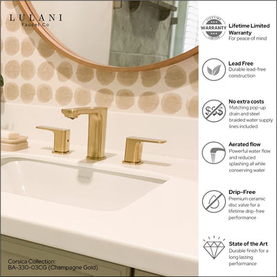 Corsica 2 Handle Widespread Brass Bathroom Faucet with drain assembly in Champagne Gold finish Corsica 2 Handle Widespread Brass Bathroom Faucet with drain assembly in Champagne Gold finish
