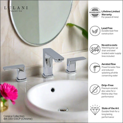 Corsica 2 Handle Widespread Brass Bathroom Faucet with drain assembly in Chrome finish Corsica 2 Handle Widespread Brass Bathroom Faucet with drain assembly in Chrome finish