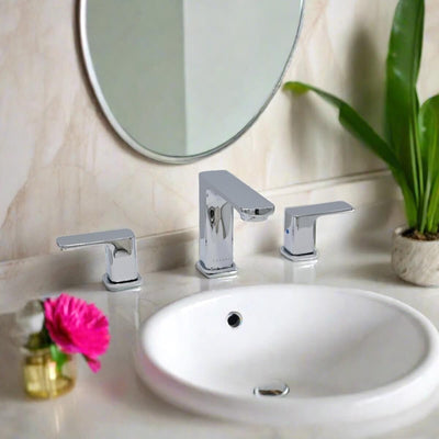 Corsica 2 Handle Widespread Brass Bathroom Faucet with drain assembly in Chrome finish Corsica 2 Handle Widespread Brass Bathroom Faucet with drain assembly in Chrome finish