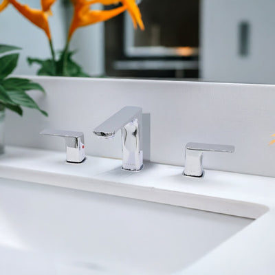 Corsica 2 Handle Widespread Brass Bathroom Faucet with drain assembly in Chrome finish Corsica 2 Handle Widespread Brass Bathroom Faucet with drain assembly in Chrome finish