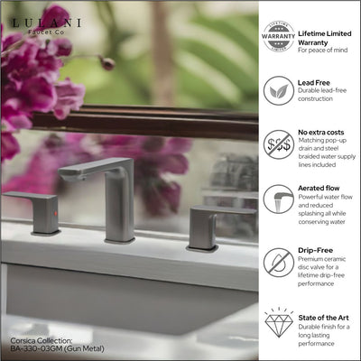 Corsica 2 Handle Widespread Brass Bathroom Faucet with drain assembly in Gun Metal finish Corsica 2 Handle Widespread Brass Bathroom Faucet with drain assembly in Gun Metal finish