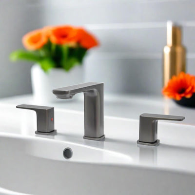 Corsica 2 Handle Widespread Brass Bathroom Faucet with drain assembly in Gun Metal finish Corsica 2 Handle Widespread Brass Bathroom Faucet with drain assembly in Gun Metal finish