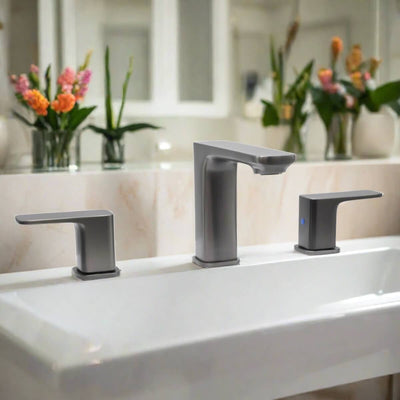 Corsica 2 Handle Widespread Brass Bathroom Faucet with drain assembly in Gun Metal finish Corsica 2 Handle Widespread Brass Bathroom Faucet with drain assembly in Gun Metal finish